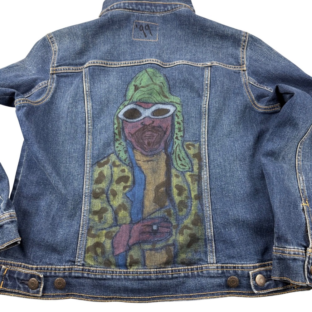 Old Navy Custom Hand Painted Snoop Dogg Denim Jacket Wmns L Graphic Trucker Y2K